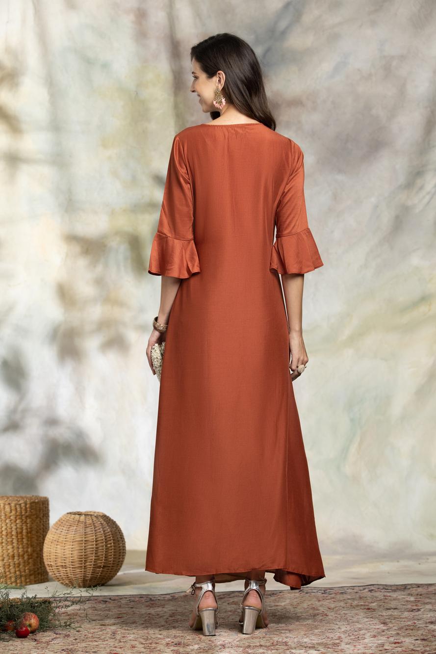 Rust Printed Viscose Silk Flared Gown