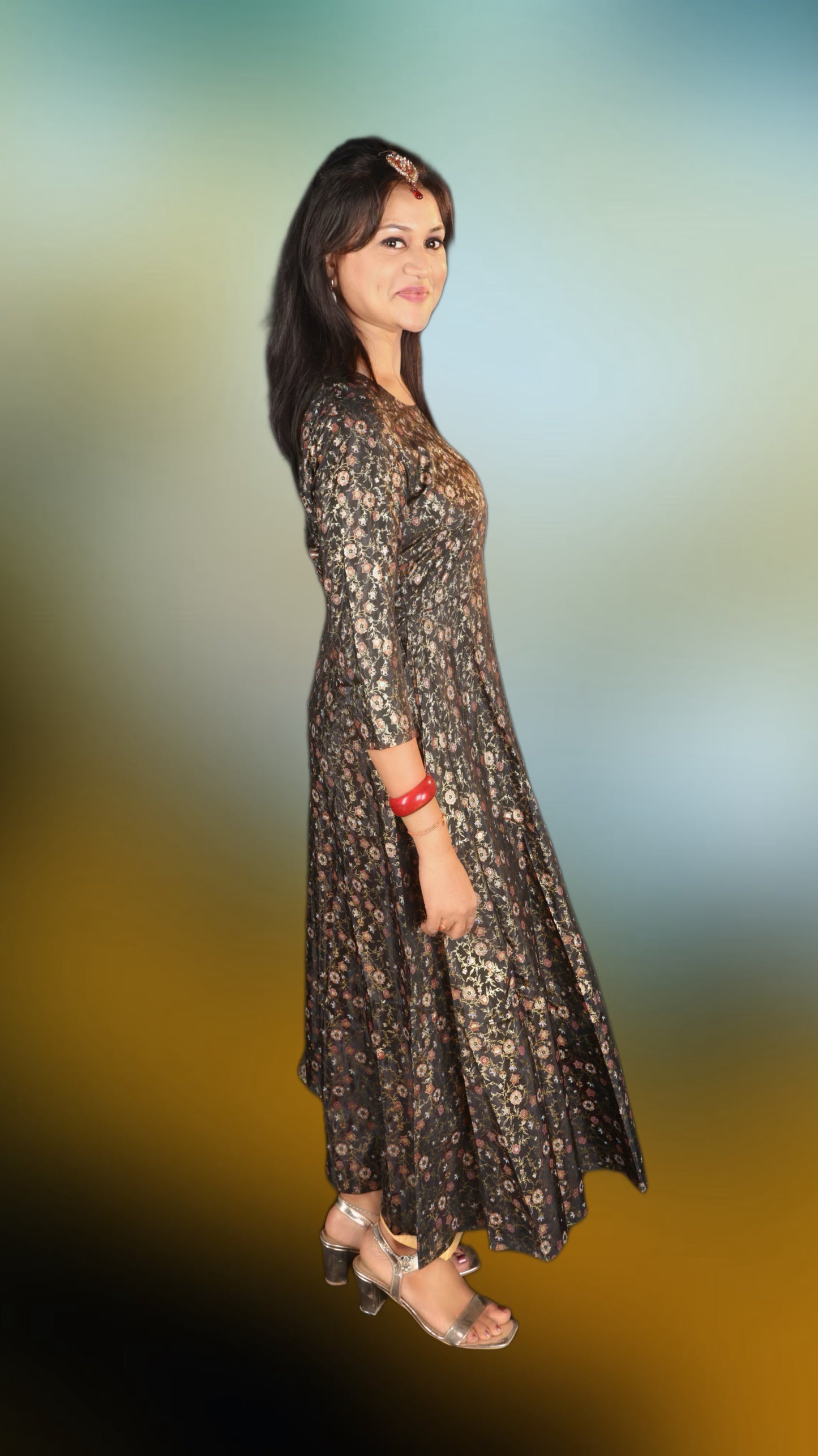 BIBA BLACK COTTON FLARED PRINTED DRESS