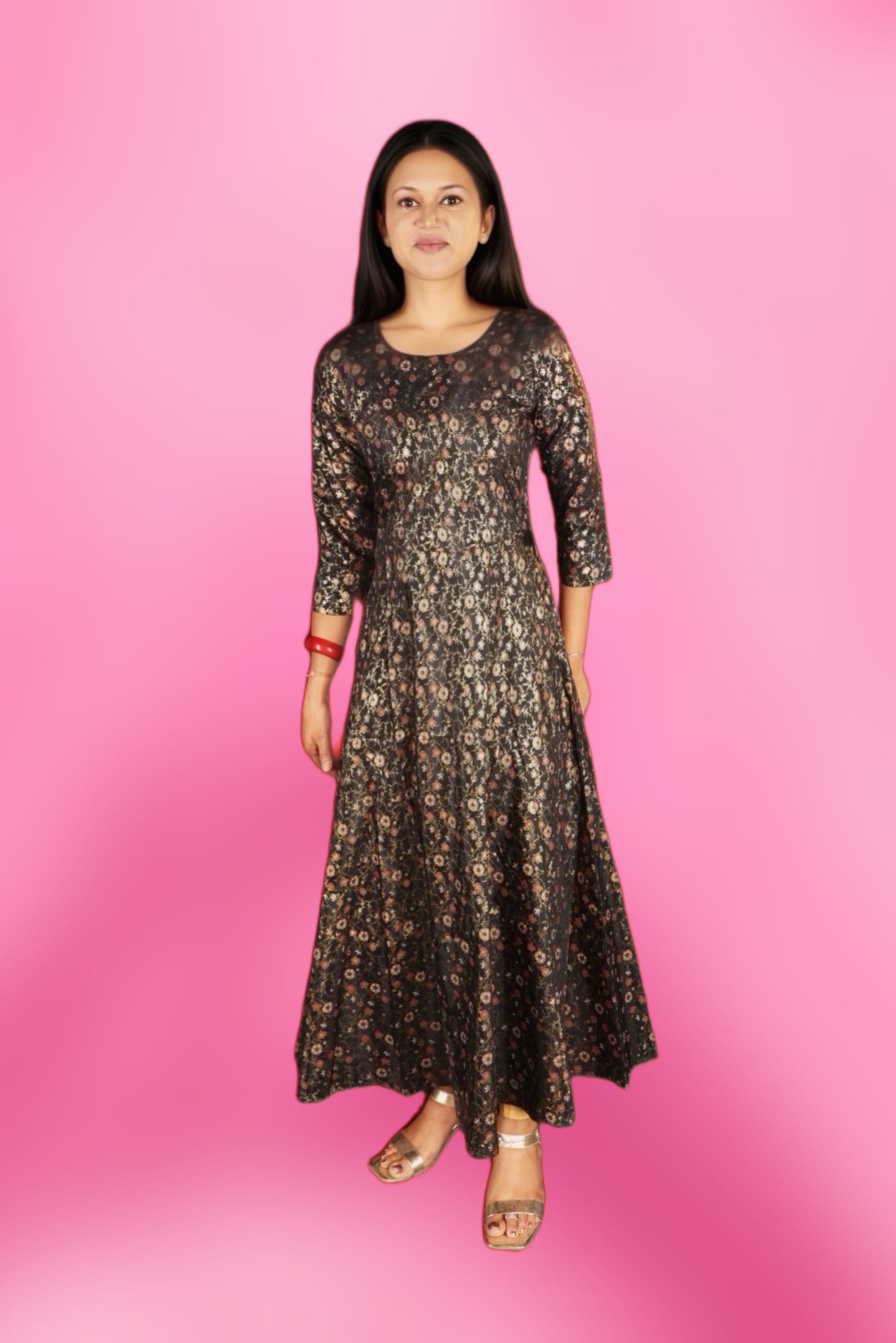 BIBA BLACK COTTON FLARED PRINTED DRESS